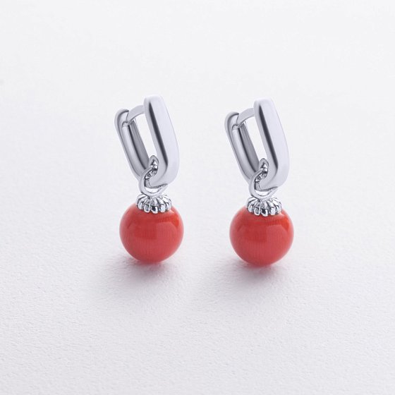 Сережки з коралом (біле золото) с08741