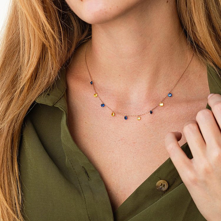 Золоте кольє "Українка" (сині та жовті фіаніти) кол02320 від ювелірного магазину Онікс - 1