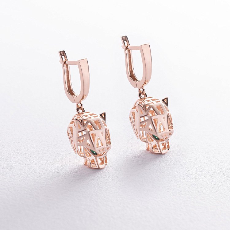 Золотые серьги "Пантеры" с фианитами с08492 от ювелирного магазина Оникс