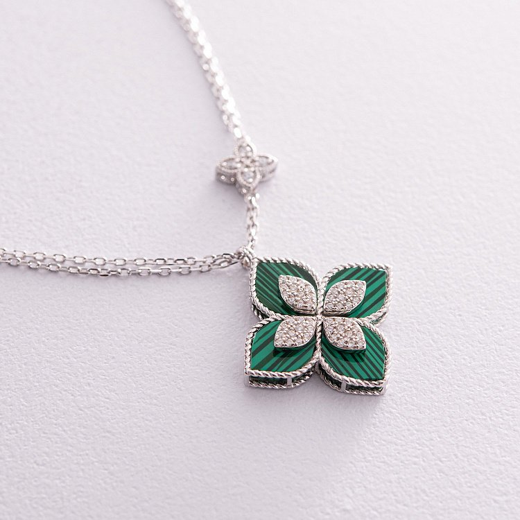 Срібне кольє "Конюшина" (синт. малахіт, фіаніти) 181231 від ювелірного магазину Онікс - 2