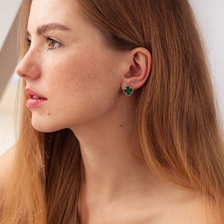 Серьги "Клевер" в красном золоте (малахит) с07114 от ювелирного магазина Оникс - 2