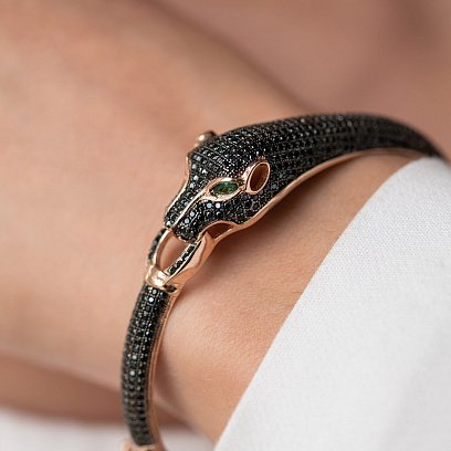 Жорсткий золотий браслет "Пантера" з фіанітами б03807 №2