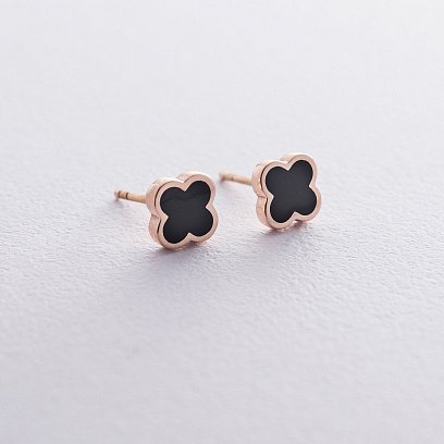 Золотые серьги - пусеты Клевер с эмалью с06503