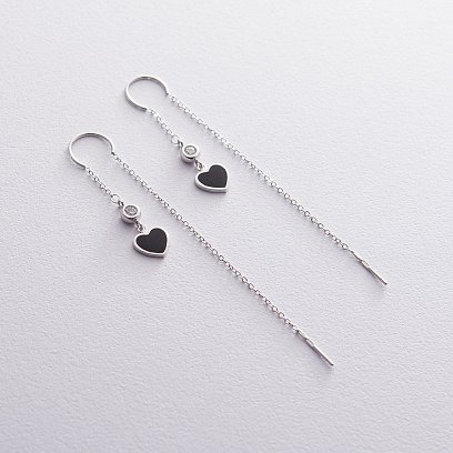 Серебряные серьги "Сердечки" (эмаль, фианиты) 122206