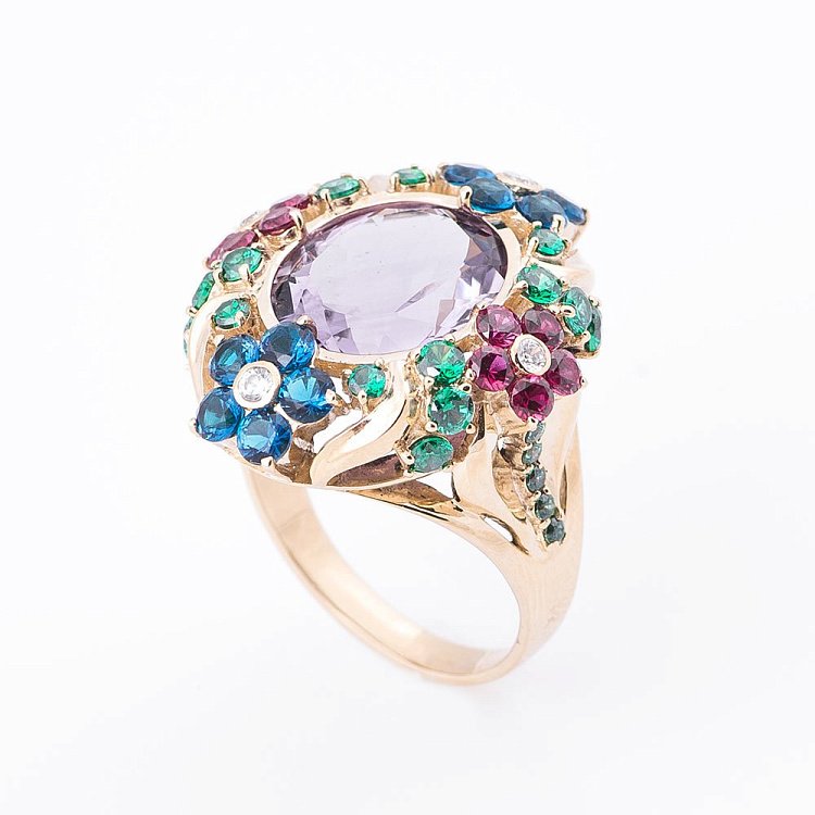 Золотое кольцо с аметистом и цветными фианитами 14032088а от ювелирного магазина Оникс