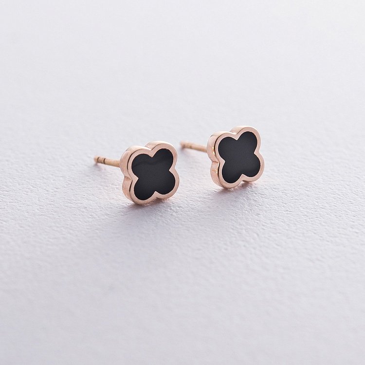 Золотые серьги - пусеты Клевер с эмалью с06503 от ювелирного магазина Оникс