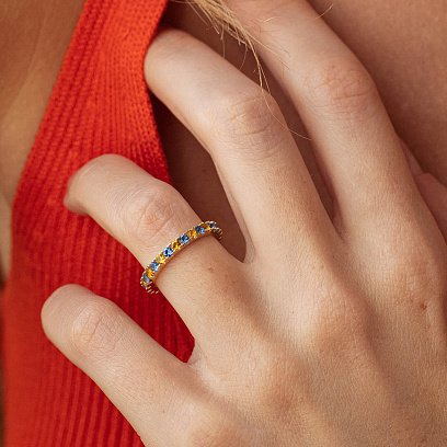 Каблучка з доріжкою блакитних та жовтих каменів (жовте золото) 815ж №2