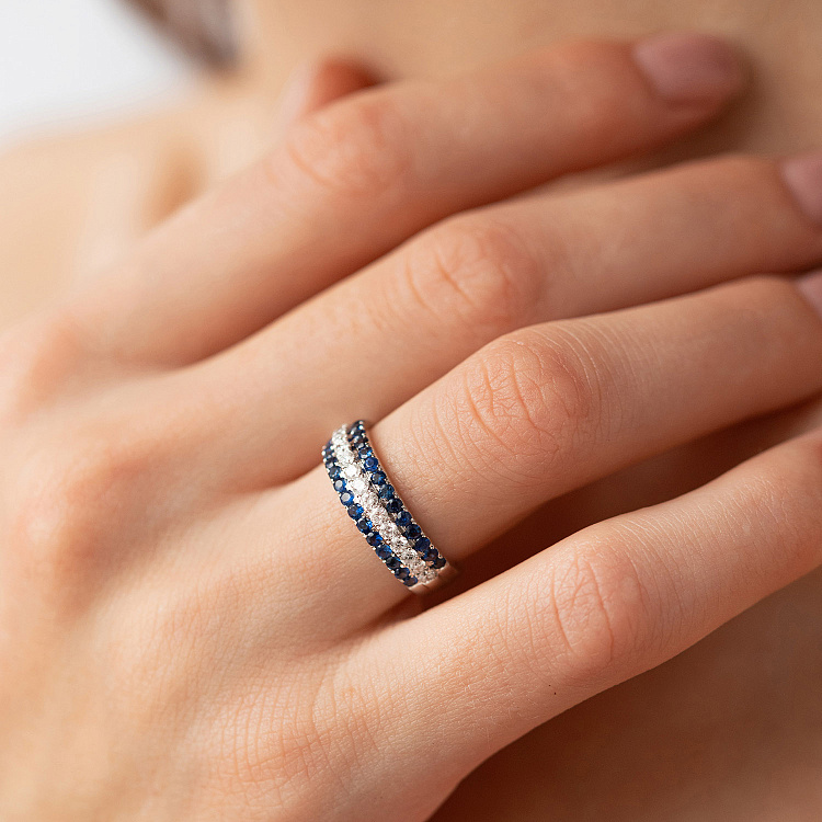 Золота каблучка з сапфірами і діамантами кб0559cha від ювелірного магазину Онікс - 1