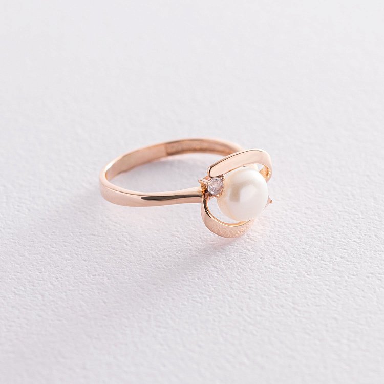 Золота каблучка з перлами і фіанітами к05500 - 2 Золота каблучка з перлами і фіанітами к05500 від ювелірного магазину Онікс - 2