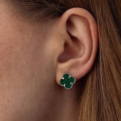 Серебряные серьги "Клевер" с малахитом 123358 №4