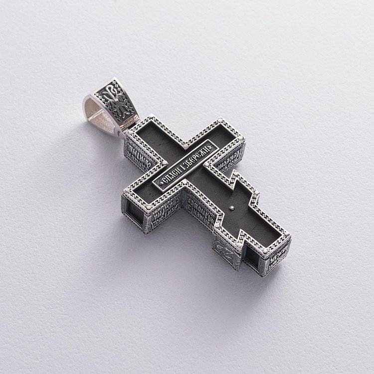 Чоловічий православний хрест "Розп'яття. Спаси та Збережи" з ебенового дерева та срібла 1329 від ювелірного магазину Онікс - 6