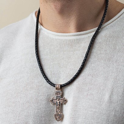 Золотой крестик "Распятие. Спаси и Сохрани" (чернение) п03218 №2