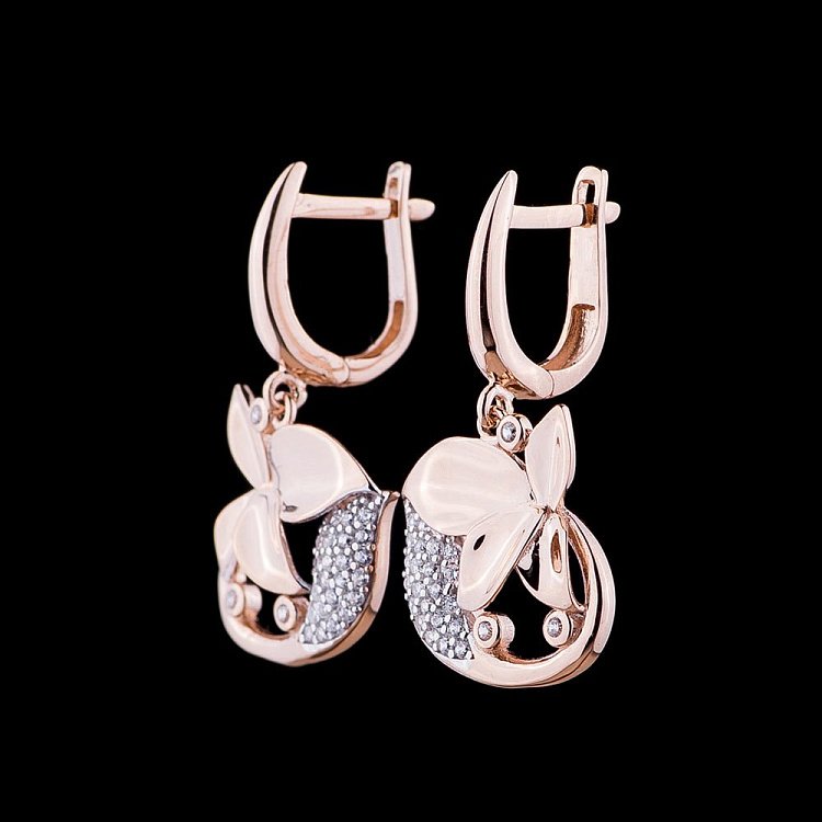 Золоті сережки "Метелики" з фіанітами с04852 від ювелірного магазину Онікс - 1