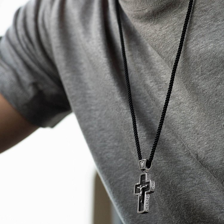 Серебряный крест "Распятие. Спаси и Сохрани" (на укр. языке) с эбеновым деревом mini 1053 от ювелирного магазина Оникс - 5