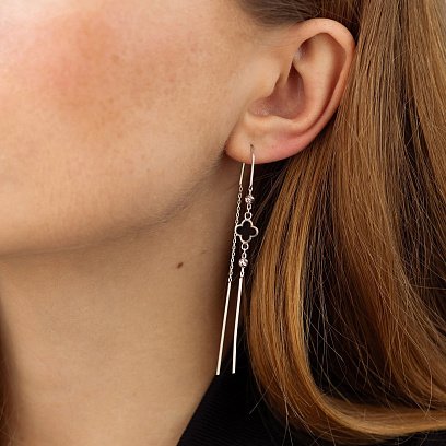 Золотые серьги - протяжки "Клевер" (эмаль) с08844 №2