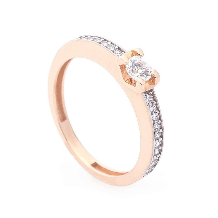 Золота заручальна каблучка з фіанітами к03840 Золота заручальна каблучка з фіанітами к03840 від ювелірного магазину Онікс