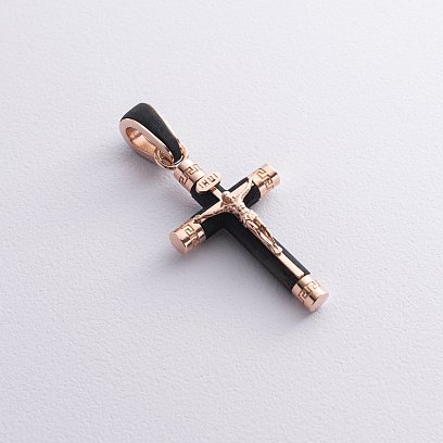 Чоловічий православний хрест "Розп'яття. Врятуй та Збережи" з ебенового дерева та золота п03473