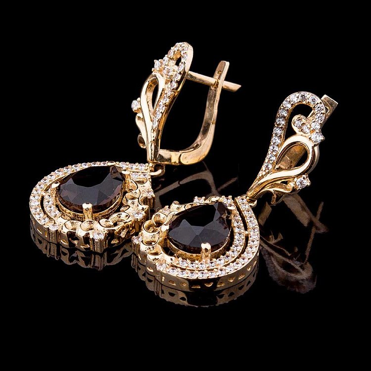 Золоті сережки з димчастим кварцом і фіанітами с03903 від ювелірного магазину Онікс - 3