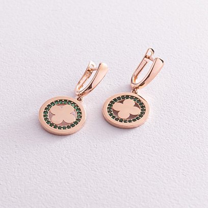 Сережки "Конюшина" в червоному золоті (зелені фіаніти) с07692