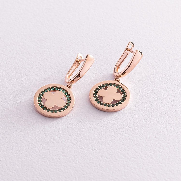 Сережки "Конюшина" в червоному золоті (зелені фіаніти) с07692 від ювелірного магазину Онікс