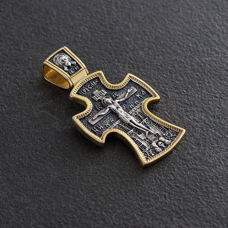 Серебряный крест (чернение, позолота)"Распятие. Николай Чудотворец" 132768 от ювелирного магазина Оникс - 7