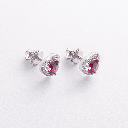 Серебряные серьги - пусеты "Сердечки" (рубины, куб. цирконий) 2495/1р-HRUB
