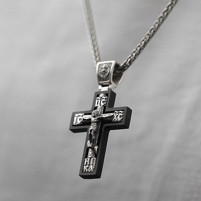 Серебряный крест "Распятие. Спаси и Сохрани" (на укр. языке) с эбеновым деревом mini 1340 №6