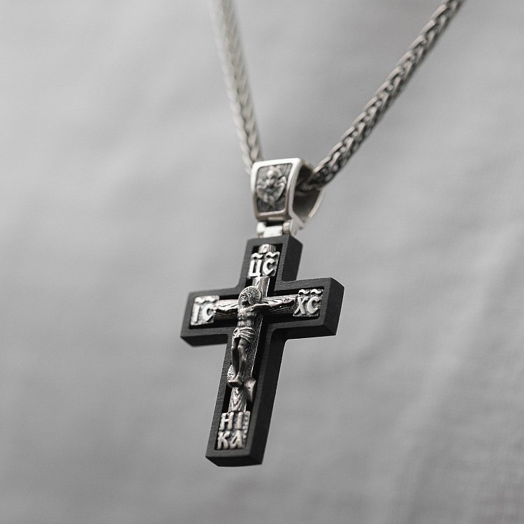 Серебряный крест "Распятие. Спаси и Сохрани" (на укр. языке) с эбеновым деревом mini 1340 от ювелирного магазина Оникс - 5