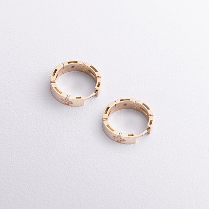 Серьги - кольца "Клевер" в желтом золоте (фианиты) с09228 №2