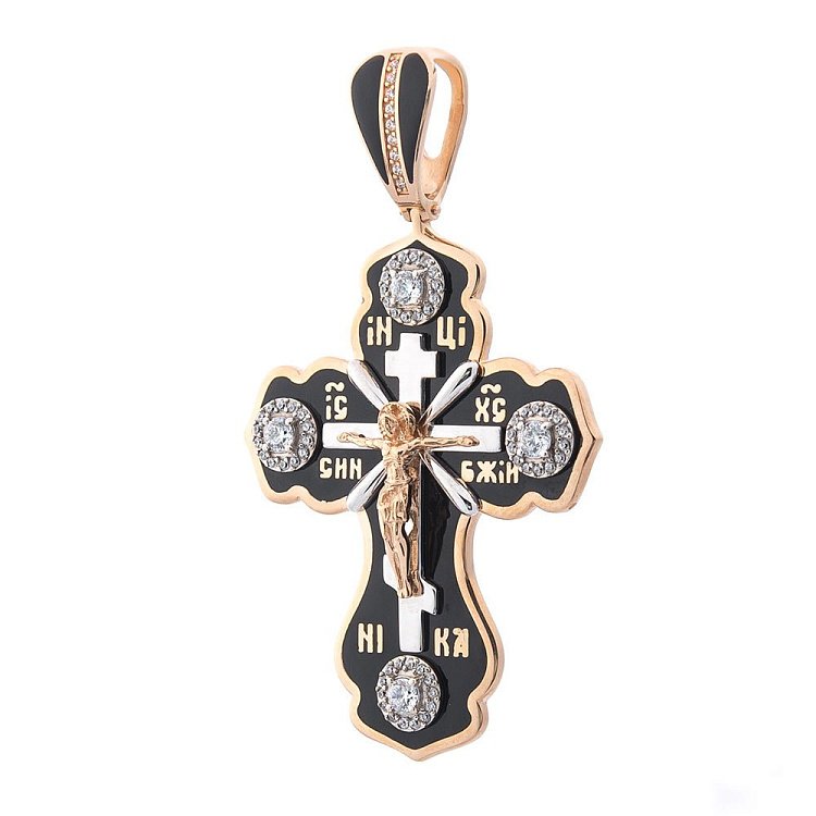 Золотой крестик с фианитами и эмалью 540230Е от ювелирного магазина Оникс