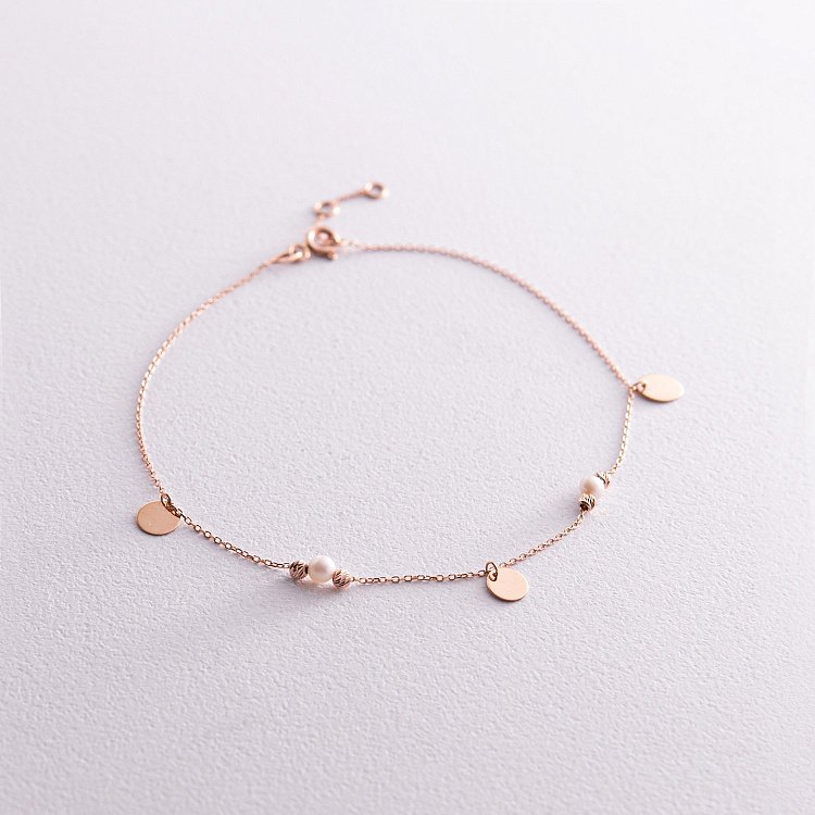 Браслет "Монетки та кульки" з перлами на ногу (червоне золото) б05142 від ювелірного магазину Онікс