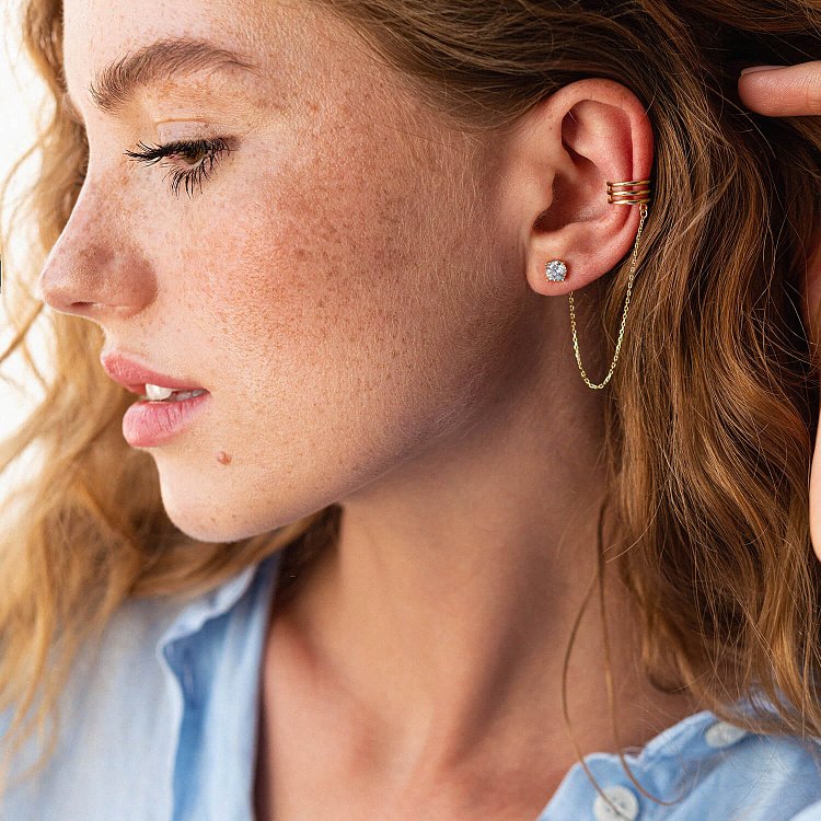 Сережка - каффа "Трініті" в жовтому золоті (фіаніт) с08045 від ювелірного магазину Онікс - 5