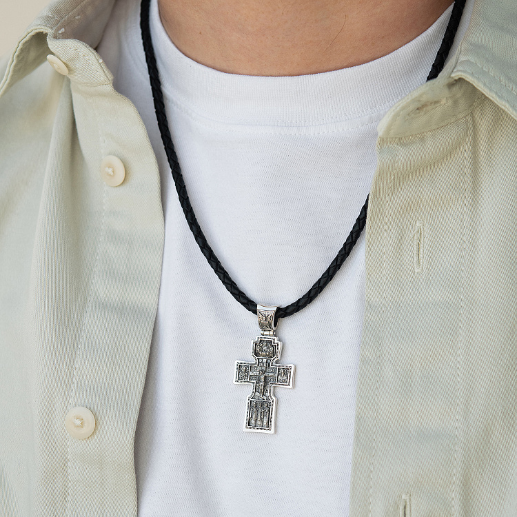 Серебряный крест "Распятие, апостолы Петр и Павел, святитель Николай, Три святителя" 1998 от ювелирного магазина Оникс - 1