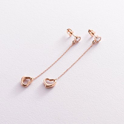 Золотые серьги "Сердечки" на цепочке (фианиты) с07568