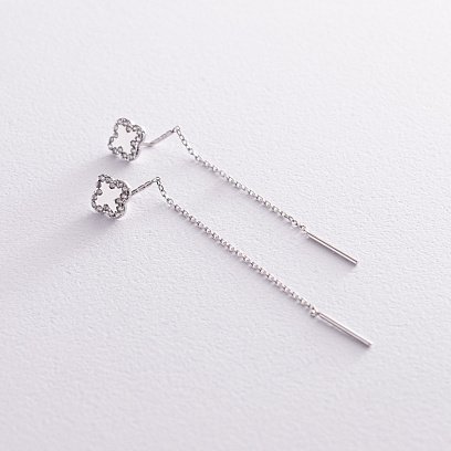 Серьги - протяжки "Клевер" в белом золоте (фианиты) с08161 №4