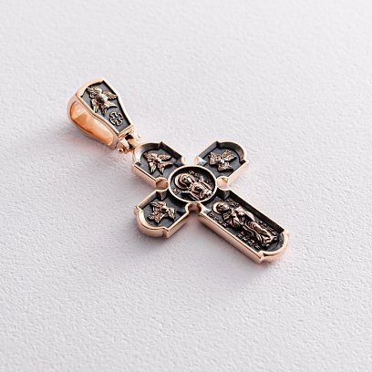 Православный золотой крест "Распятие Христово. Спас Нерукотворный. Икона Божией Матери знамение. Святитель Николай" п02699 №3