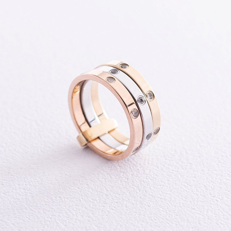 Тройное женское кольцо из белого, красного и желтого золота с фианитами к02205 Тройное женское кольцо из белого, красного и желтого золота с фианитами к02205 от ювелирного магазина Оникс