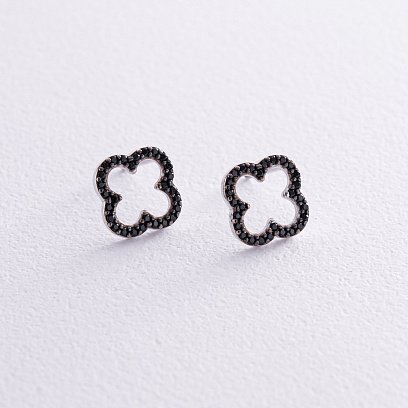 Срібні сережки - пусети "Конюшина" з чорними фіанітами 008220ч №5