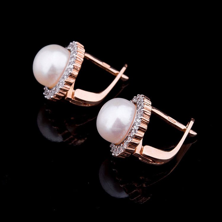 Золотые серьги с жемчугом и фианитами с02753 от ювелирного магазина Оникс - 2