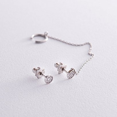 Асимметричные серебряные серьги - пусеты с фианитами (серьга - каффа) 902-00898 №4