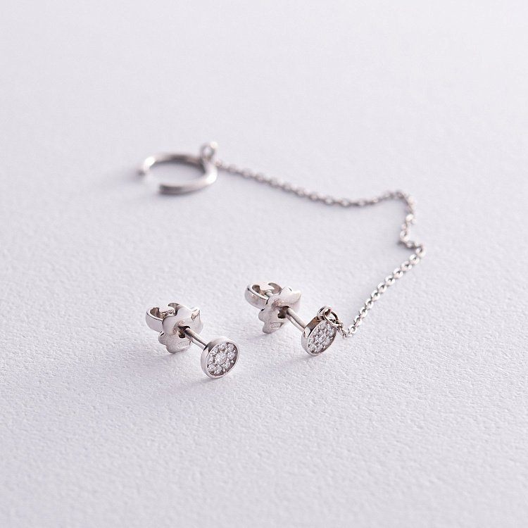 Асимметричные серебряные серьги - пусеты с фианитами (серьга - каффа) 902-00898 от ювелирного магазина Оникс - 3