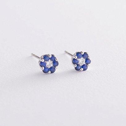 Золоті сережки-пусети "Квітка" з сапфірами і діамантами сб0100lg