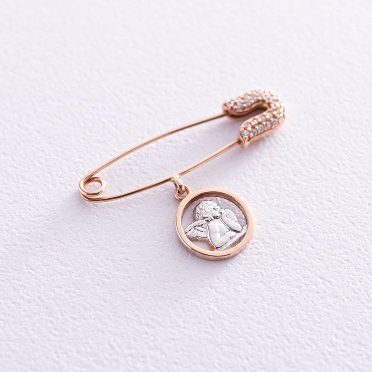 Золота дитяча булавка "Янголятко" з фіанітами зак00265 від ювелірного магазину Онікс