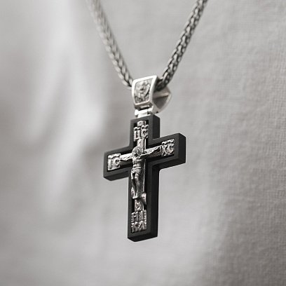 Срібний хрест "Розп'яття. Спаси і Збережи" з ебеновим деревом mini 1340 №11