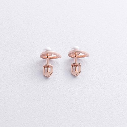 Серьги - пусеты "Капельки" с жемчугом (красное золото) с09054 №3