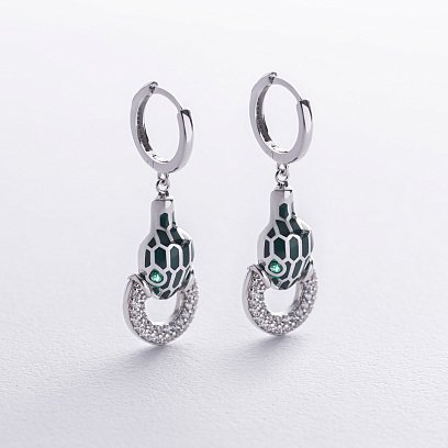 Золотые серьги "Змеи" (эмаль, фианит) с08696