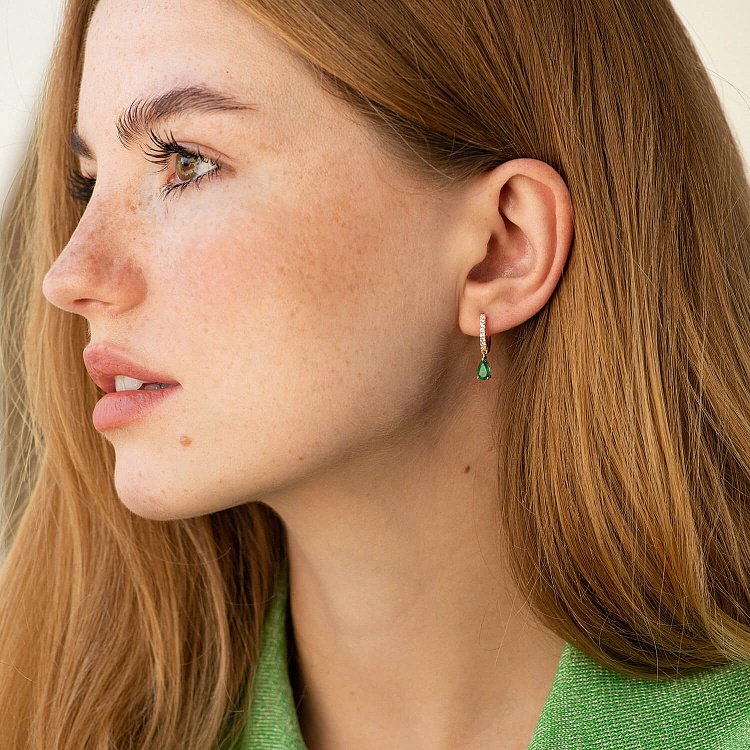 Золоті сережки - кільця "Крапельки" (смарагди, діаманти) сб0515sm від ювелірного магазину Онікс - 1