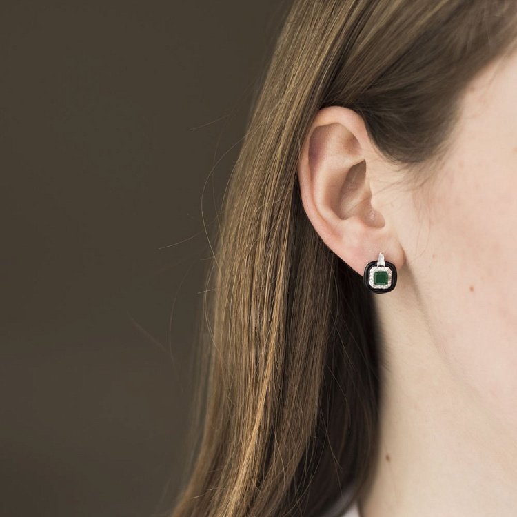 Серебряные серьги (эмаль, фианит, изумруд, кварц) 122413 - 2 Серебряные серьги (эмаль, фианит, изумруд, кварц) 122413 от ювелирного магазина Оникс - 2