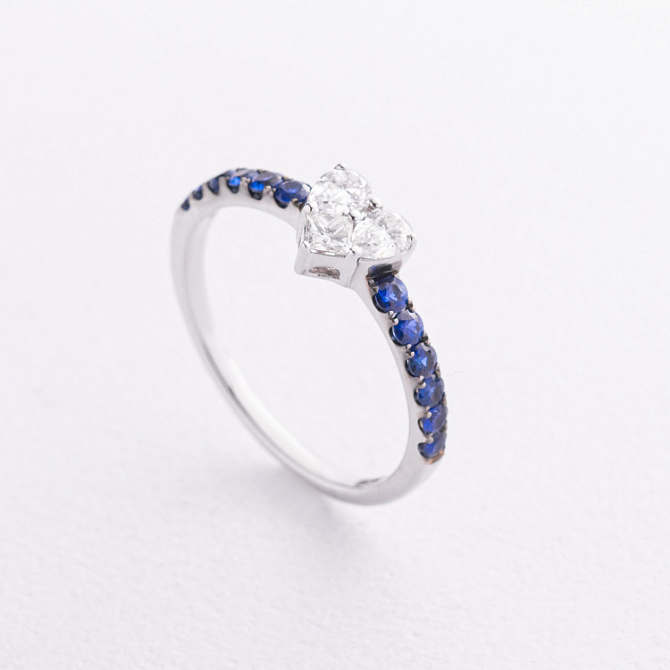 Золота каблучка "Сердечко" з діамантами і сапфірами кб0667va від ювелірного магазину Онікс