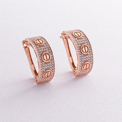 Золотые серьги "Love" с фианитами с04930